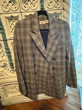 Free People Plaid Double-Breasted Blazer in Gray and Black